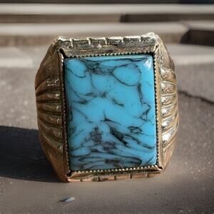 Sterling Silver Turquoise Ring Mens Signet Style Rectangular Stone Size 8.5